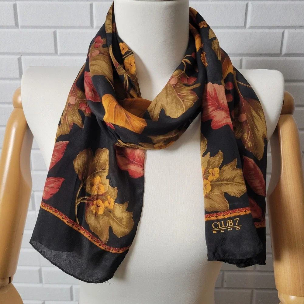 Vintage 1990s Club 7 by Echo Silk Scarf Black Autumn Leaves Botanical Classic
